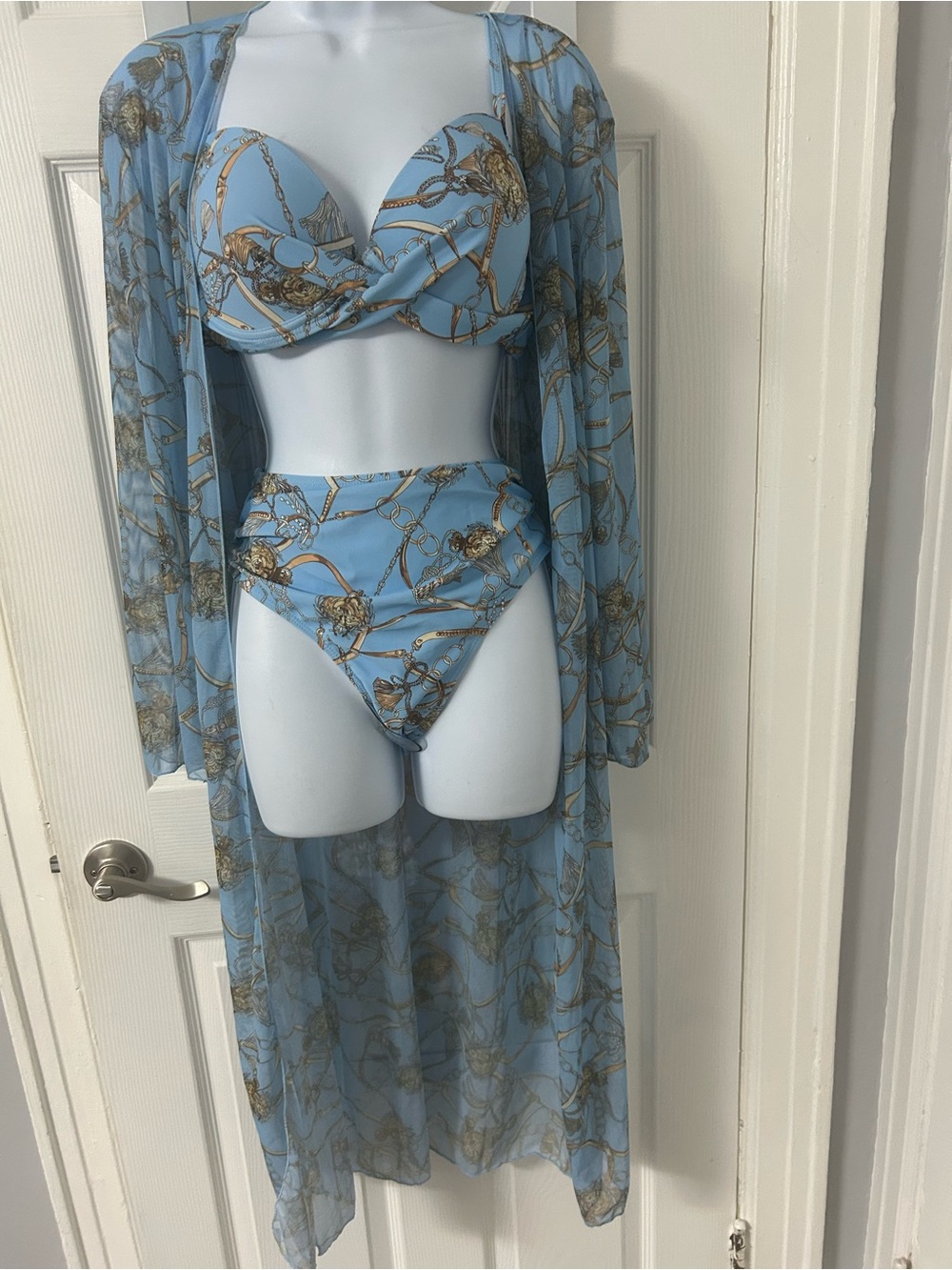High-Waist Sky Blue Chain-Print Bikini Set with Sheer Cover-Up